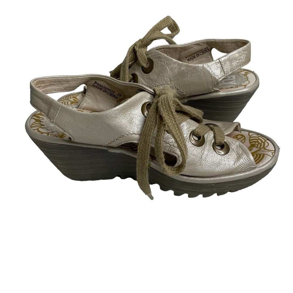 Fly London Ylfa Leather Lace Up Wedge Sandals Shoes US 7.5 EU 38 Pearlized a1 - Picture 3 of 10